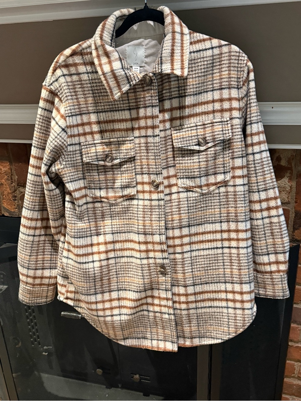 Joie Plaid Button-Front Shacket Cozy Neutral Brown Cream Size Medium